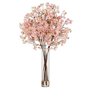32 in. Pink Artificial Cherry Blossom Floral Arrangement with Glass Cylinder Vase