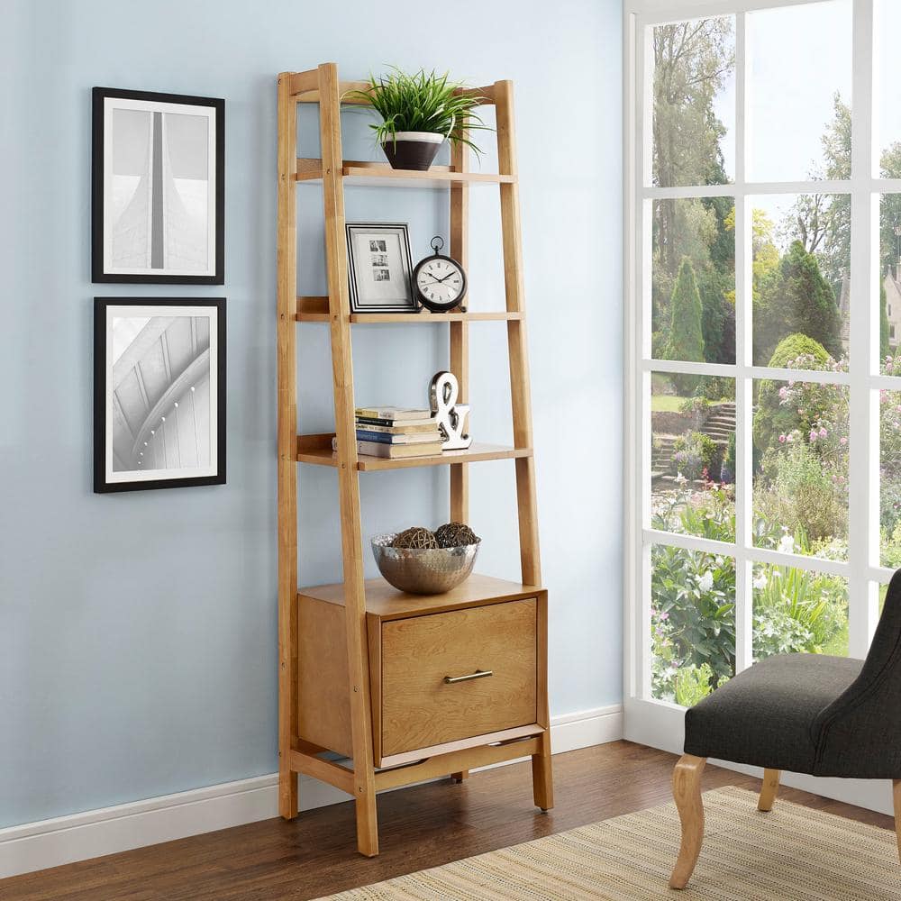 Mid-Century Modern Acorn Brown Wood Ladder Bookcase