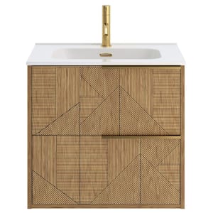 Demeter Geo Gold 24 in. W x 18.1 in. D x 22.8 in. H Deco Wall Mounted Vanity with Single Sink and White Ceramic Top