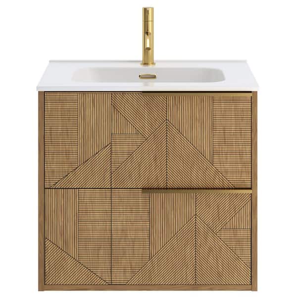 CHAMELEON CONCEPTS Demeter Geo Gold 24 in. W x 18.1 in. D x 22.8 in. H Deco Wall Mounted Vanity with Single Sink and White Ceramic Top