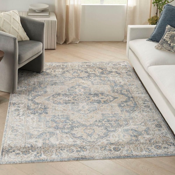 Astra Machine Washable Grey Blue 4 ft. x 6 ft. Distressed Traditional Area Rug
