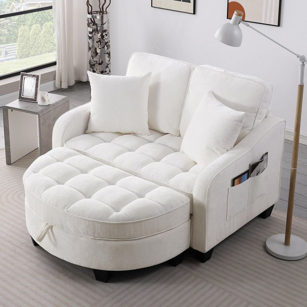 Selena Beige Chenille Chaise Lounge Double Sofa with Backrests, Ottoman, Storage Space, Pillows, Side Pockets price history on PriceWatchPro