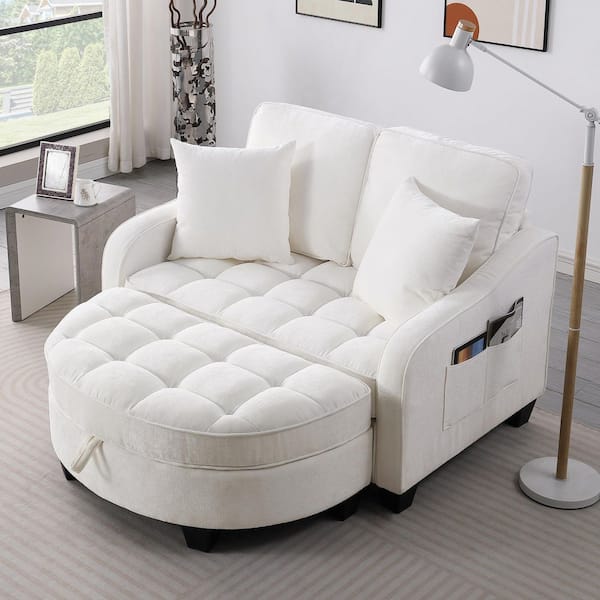 Selena Beige Chenille Chaise Lounge Double Sofa with Backrests, Ottoman, Storage Space, Pillows, Side Pockets