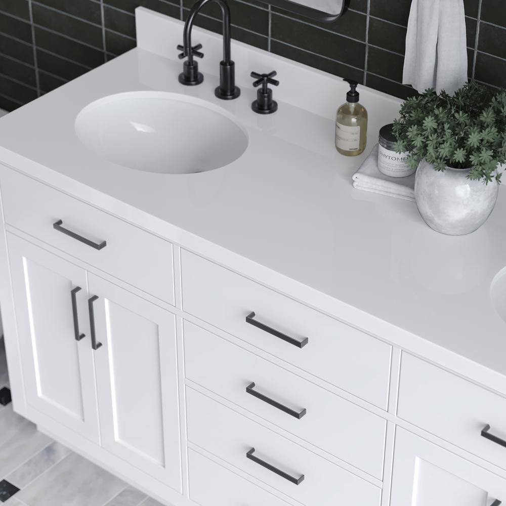 White Quartz Double Basin Freestanding Vanity with Black Hardware