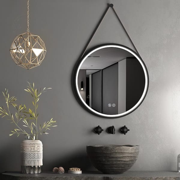FUNKOL 28 in. W x 28 in. H Small Round Glass Black Framed Dimmable Wall Bathroom Vanity Mirror in Black