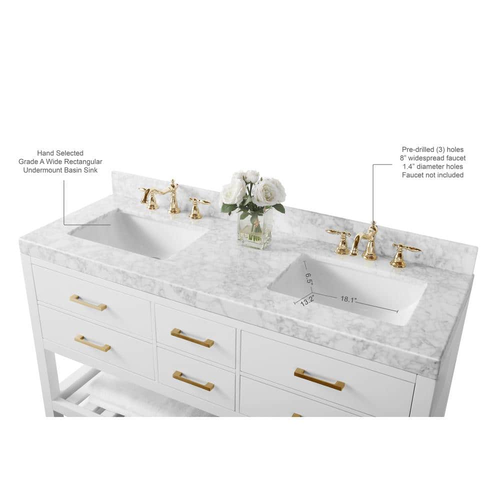 Elizabeth 60'' White Marble Double Vanity with Gold Hardware