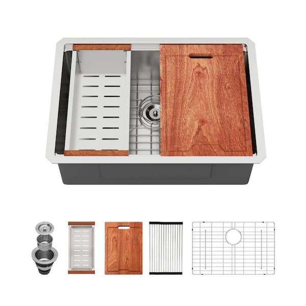 Stainless Steel 16-Gauge 28 in. Single Bowl Undermount Workstation Kitchen Sink Basin with Bottom Grid