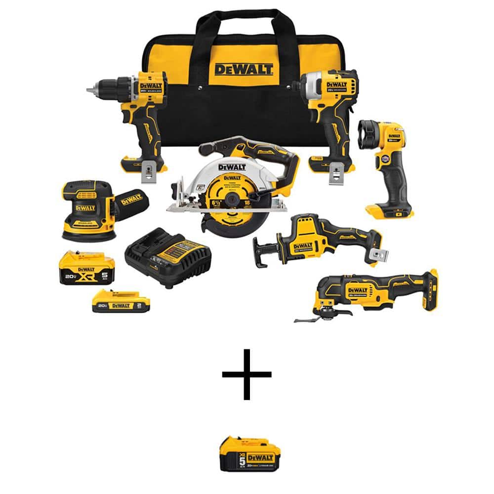DEWALT 20V MAX Lithium-Ion Cordless 7-Tool Combo Kit with 2.0 Ah Battery, (2) 5.0 Ah Batteries and Charger -  DCK700D1P1WB205