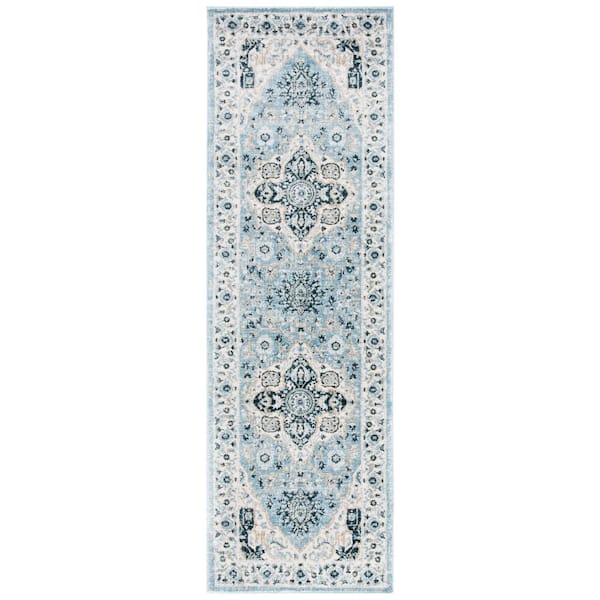 Isabella 2 ft. x 8 ft. Light Blue/Cream Medallion Border Runner Rug