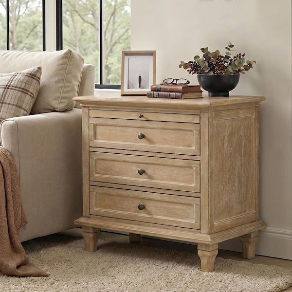 Julia Natural 27 in. H Traditional 3-Drawer Solid Wood Legs Nightstand with Charging Station