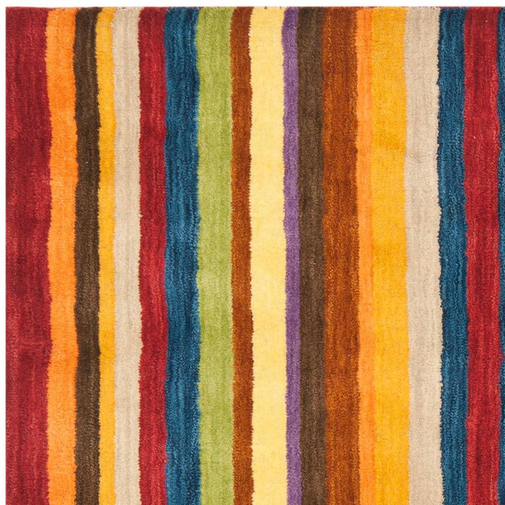 Artisan Red Stripe 4' Square Hand-Knotted Wool Rug