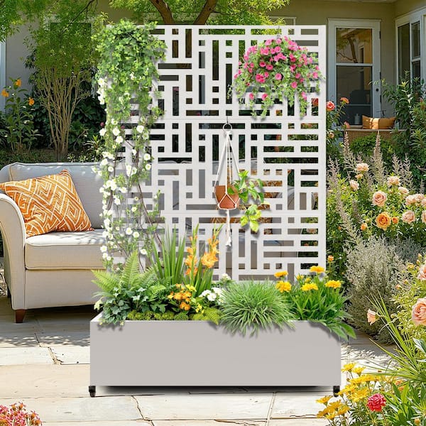 TUYOHW 47 in. x 16 in. x 71 in. White Metal Raised Garden Planter Box with Trellis, Rolling Wheels