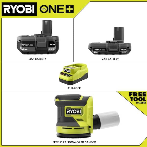 ONE+ 18V Lithium-Ion 4.0 Ah Battery, 2.0 Ah Battery and Charger Kit with ONE+ Cordless 5 in. Random Orbit Sander