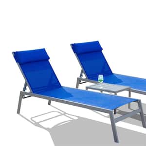 Blue 3-Piece Steel Adjustable Outdoor Patio Chaise Lounge Textilene Sunbathing Recliner with Headrest