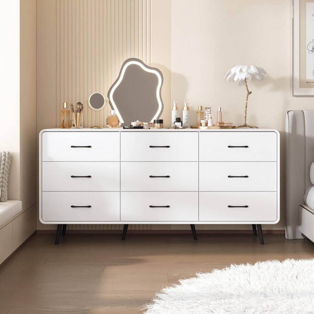 White 6 Drawer 63in. W Dresser without Mirror, Chest of Drawers with High Capacity Storage and Rounded Corners