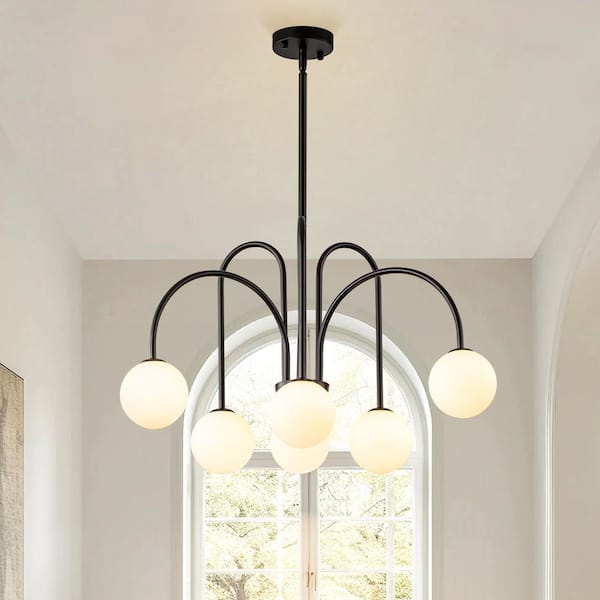 RRTYO Finchley 6-Light Black Modern Linear Sputnik Chandelier with Milky White Frosted Bubble Globe Glass Shade