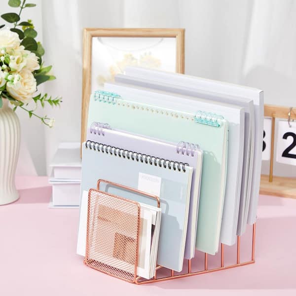 6.3 in. x 7.8 in. 2-Piece 7 Slot Incline File Sorter Metal Wire Mesh File Racks for Desktop Letter Sorter, Rose Gold