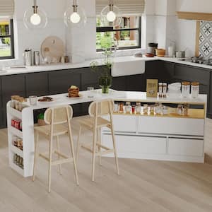 White Wood 94.5 in. W Kitchen Island Dining Bar Table With Moveable Tabletop Shelves Drawers