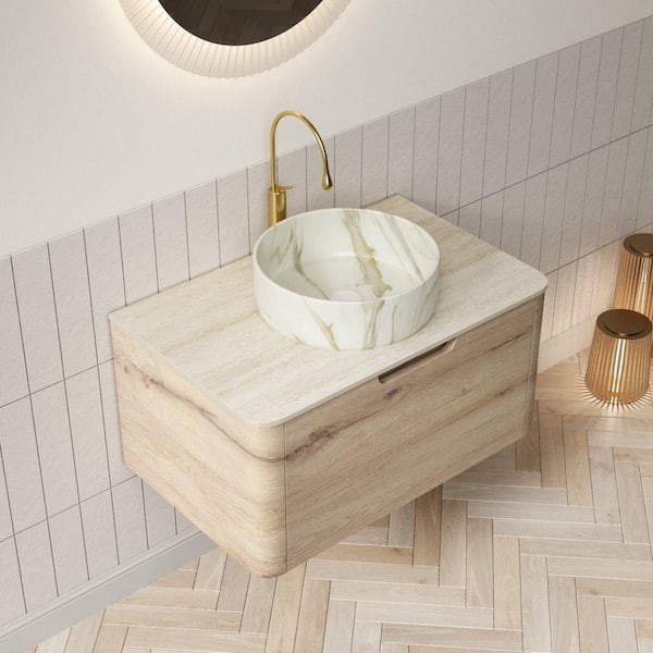 29.92 in. Single Sink Floating White Oak Bath Vanity with White Sintered Stone Top and Carrara-White Sink