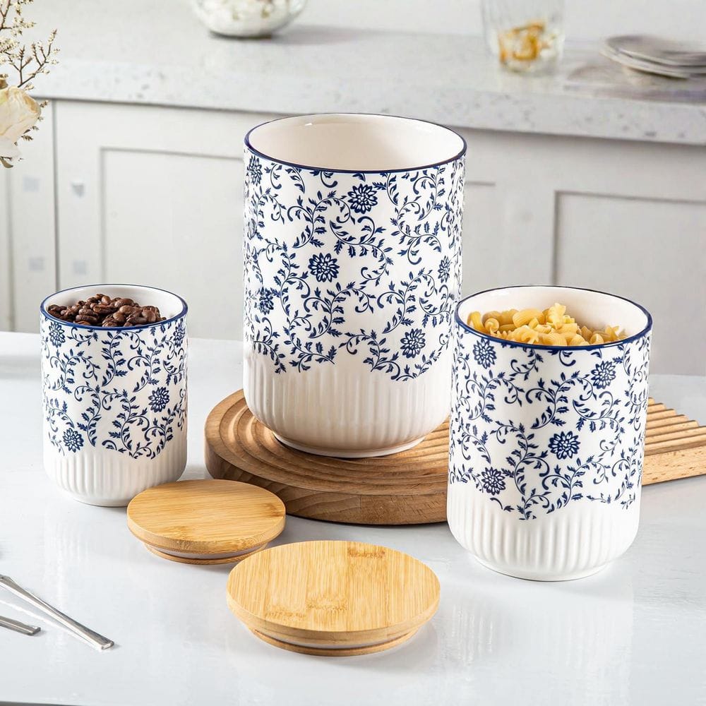 3-Piece Ceramic Kitchen Canisters Sets with Airtight Wood Lids, Flour and Sugar Containers, Easy to Clean and Use price history on PriceWatchPro