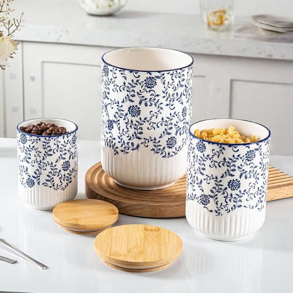 3-Piece Ceramic Kitchen Canisters Sets with Airtight Wood Lids, Flour and Sugar Containers, Easy to Clean and Use
