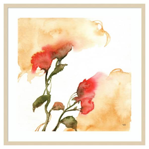 Amanti Art Watercolor Floral Yellow and Red II by Andrea Bijou 33 in. W x 33 in. H. Wood Framed Wall Art Print Framed in Brown