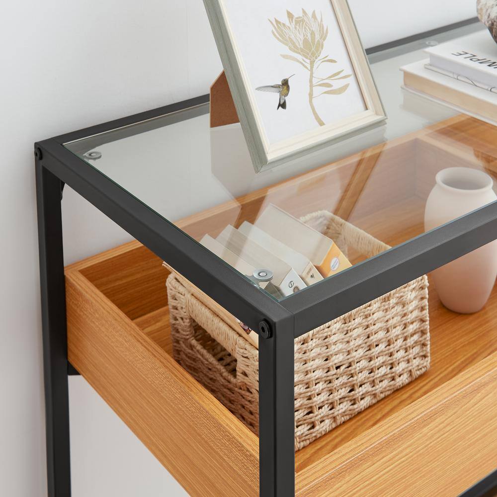 Golden Oak and Black Metal Console Table with Glass Top and Storage Shelf