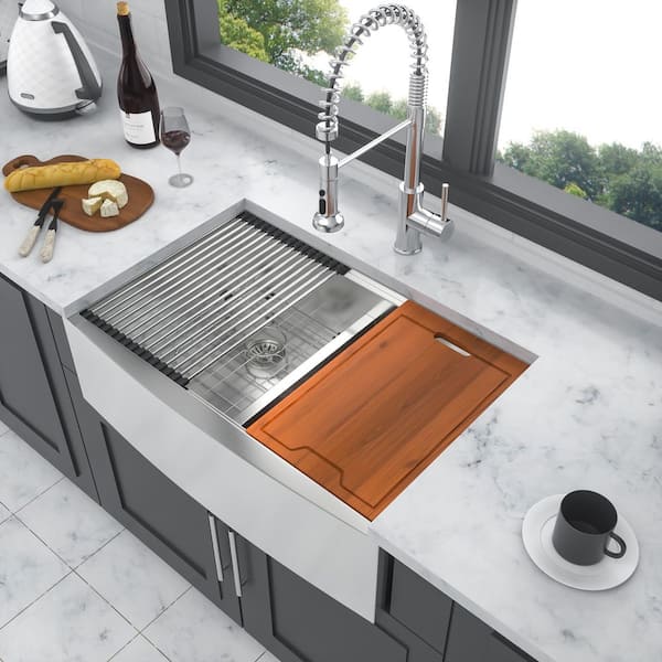 33 in. Apron Front Workstation Double Bowl (50/50) 16 Gauge Brushed Stainless Steel Kitchen Sink with Bottom Grids