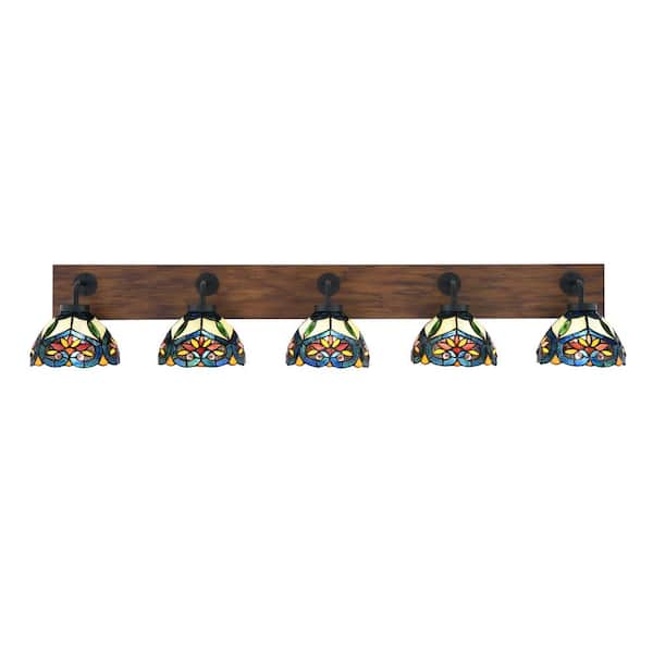Unbranded Kirby 47.75 in. 5 Light Black and Painted Wood-look Vanity Light with 7 in. Pavo Art Glass Shades No Bulbs Included