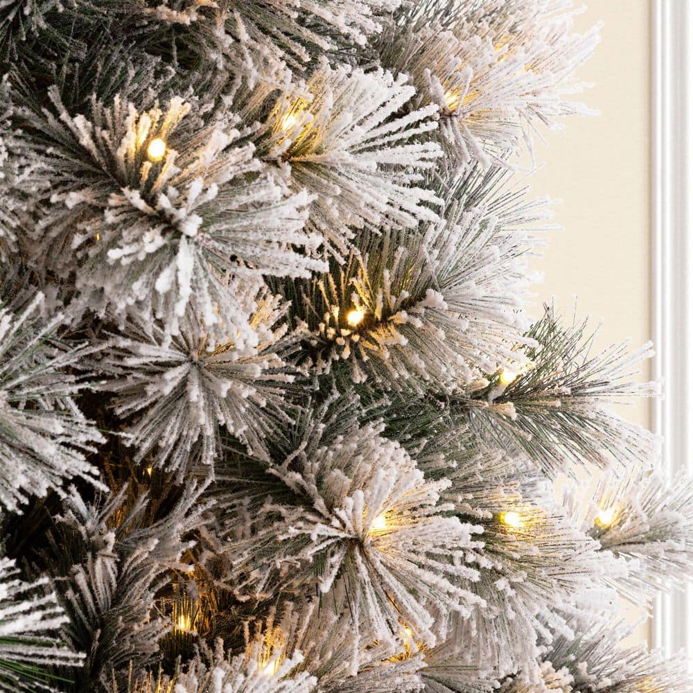 9ft White Flocked Spruce Christmas Tree with Warm LED Lights