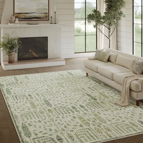 4 Seasons Light Green 9 ft. x 12 ft. Vintage Plant Area Rug