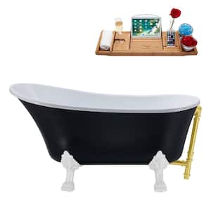 55 in. Acrylic Clawfoot Non-Whirlpool Bathtub in Matte Black With Glossy White Clawfeet And Brushed Gold Drain