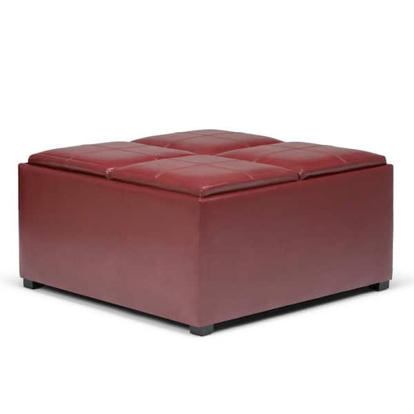 Simpli Home Avalon 35 in. Contemporary Square Storage Ottoman in Radicchio Red Faux Leather