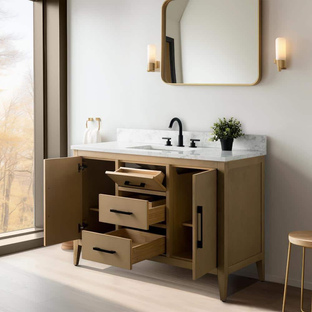 48'' Natural Oak Single Bathroom Vanity with Engineered Marble Top