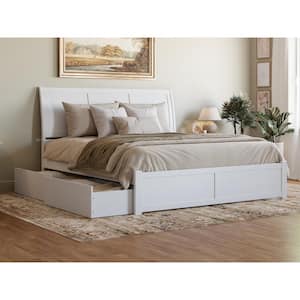Portland White Solid Wood Frame King Platform Bed with Footboard and Storage Drawers