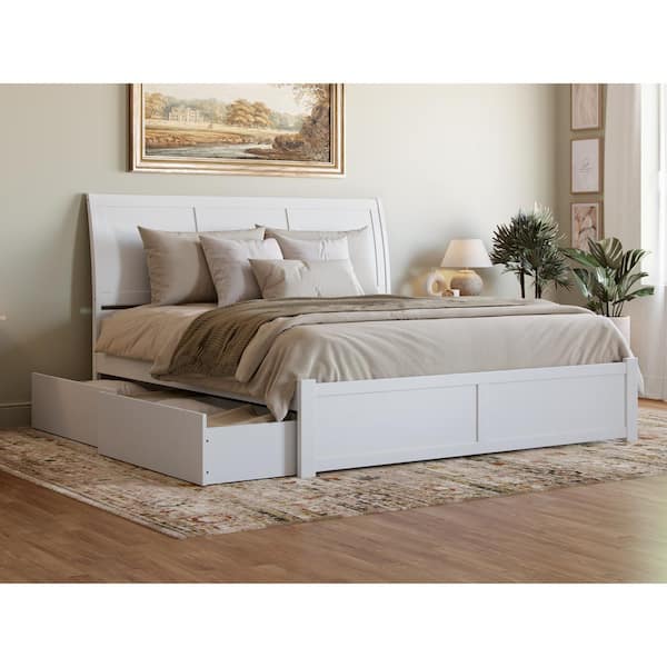 AFI Portland White Solid Wood Frame King Platform Bed with Footboard and Storage Drawers