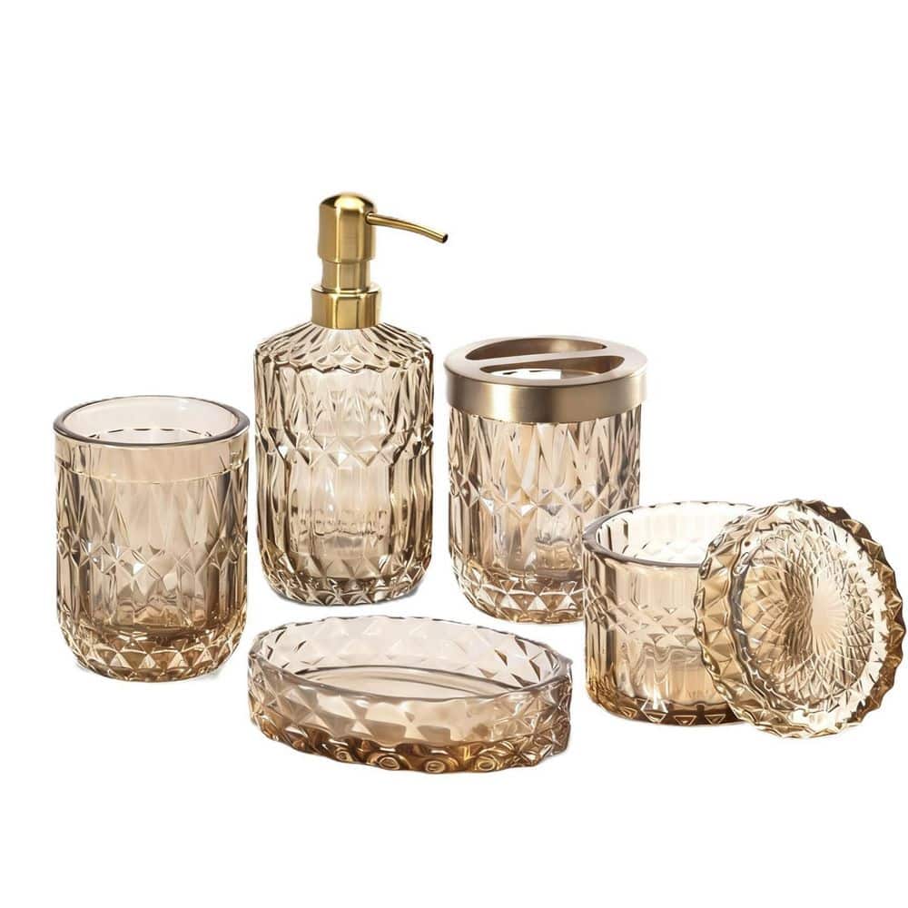 6-Piece Bath Accessory Set with Toothbrush Holder, Soap Dispenser, 2 Mason Jars, Soap Dish, Toilet Paper Basket in Brown price history on PriceWatchPro