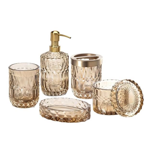 6-Piece Bath Accessory Set with Toothbrush Holder, Soap Dispenser, 2 Mason Jars, Soap Dish, Toilet Paper Basket in Brown