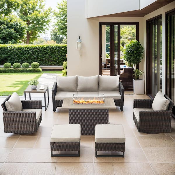 Gymojoy Valenta Brown Wicker 4-Piece Patio Conversation Sofa Set Outdoor Furniture Sectional Fire Pit Table and Beige Cushions