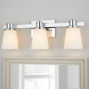 3-Light Chrome Bath Vanity Light with Bell Shaped Etched White Glass
