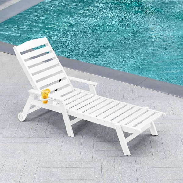 White HDPE Patio Chaise Lounge Chair Outdoor Chair Adjustable Outdoor Lounger with Wheels and Cup Holder