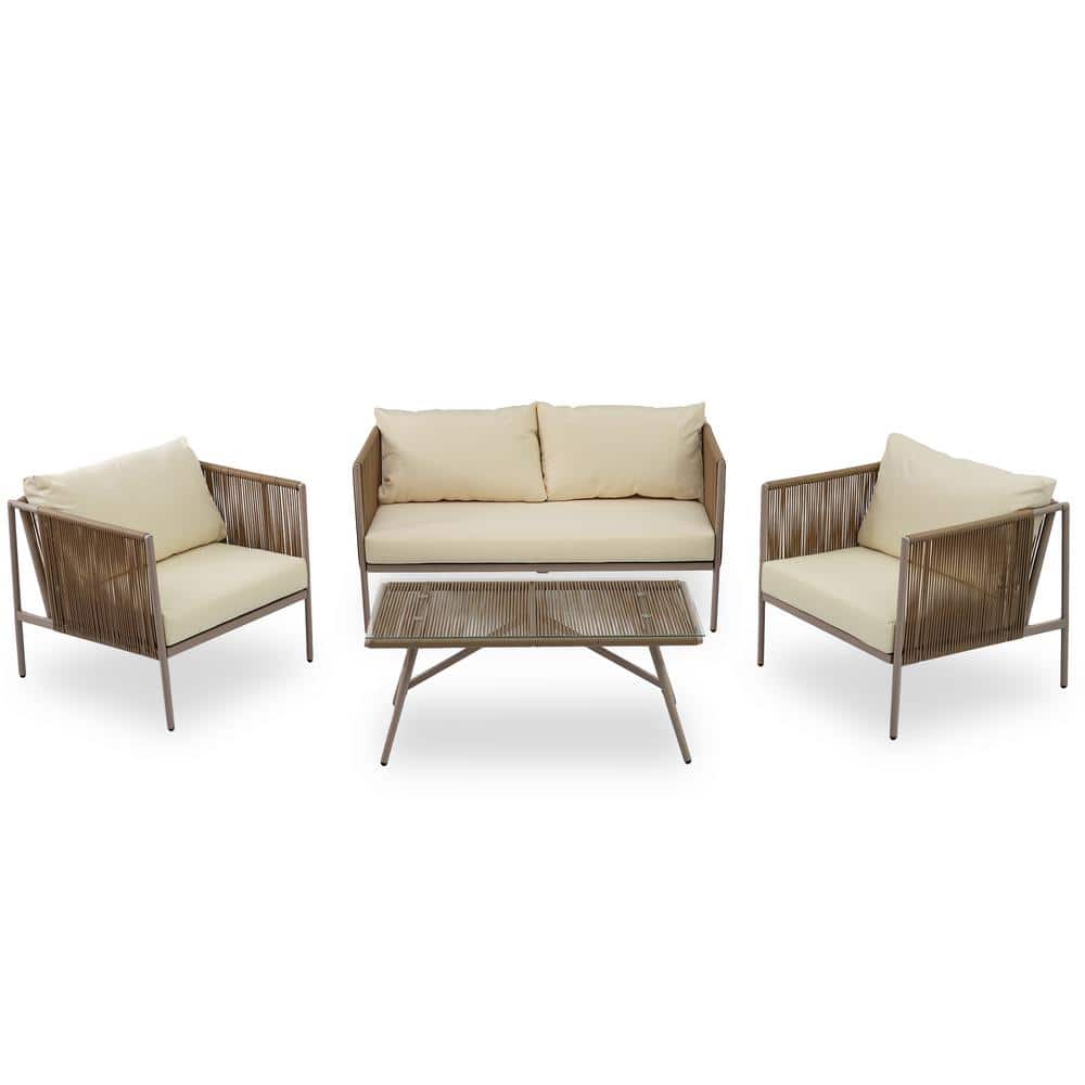 4-Pieces Metal Outdoor Sectional Set with Toughened Glass Table and Beige T