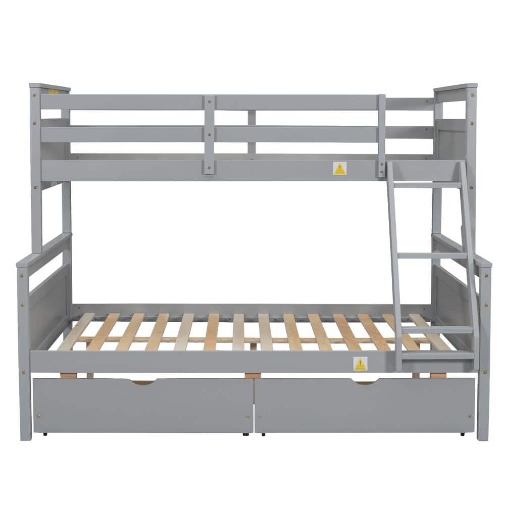 Gray Twin Over Full Pine Wood Bunk Bed with Storage Drawers