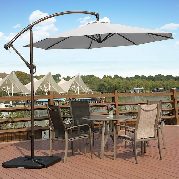 Bayshore Outdoor 10 ft. Hanging Offset Cantilever Patio Umbrella with Easy Crank Lift and Base Weights in White