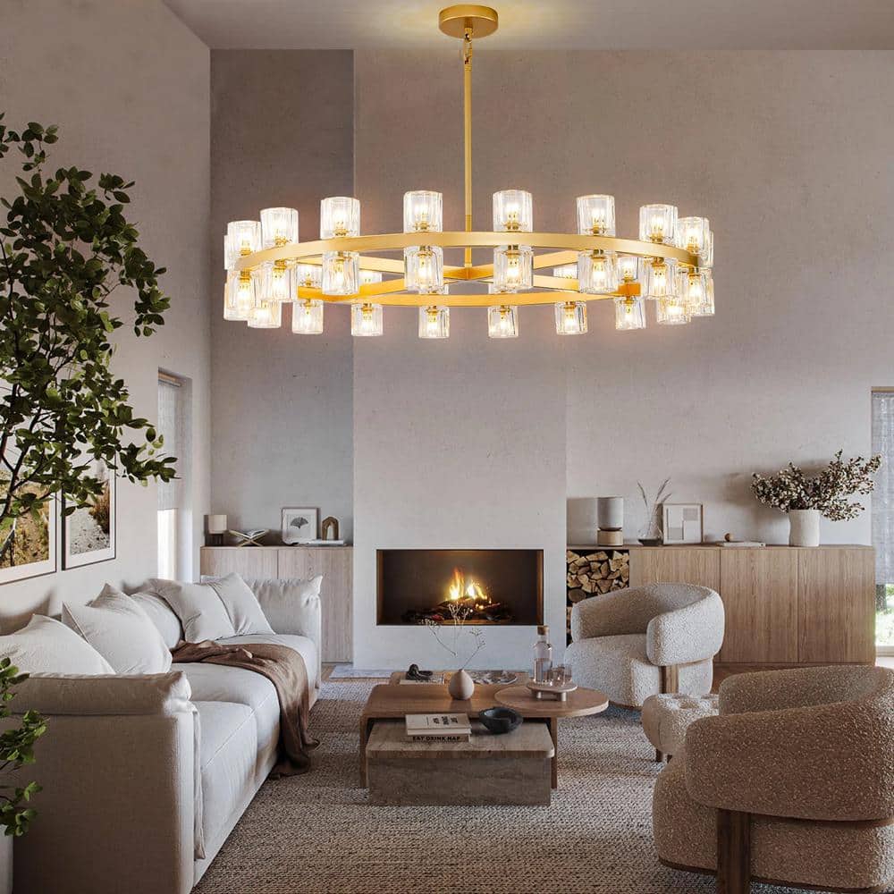 36-Light Gold Round Crystal Chandelier with LED Bulbs