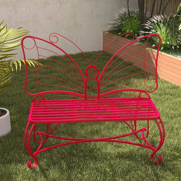 Butterfly Cast Metal Garden Bench, Outdoor Bench Patio Seat, Park Bench Outdoor Seating for Garden, Yard, Park (Red)
