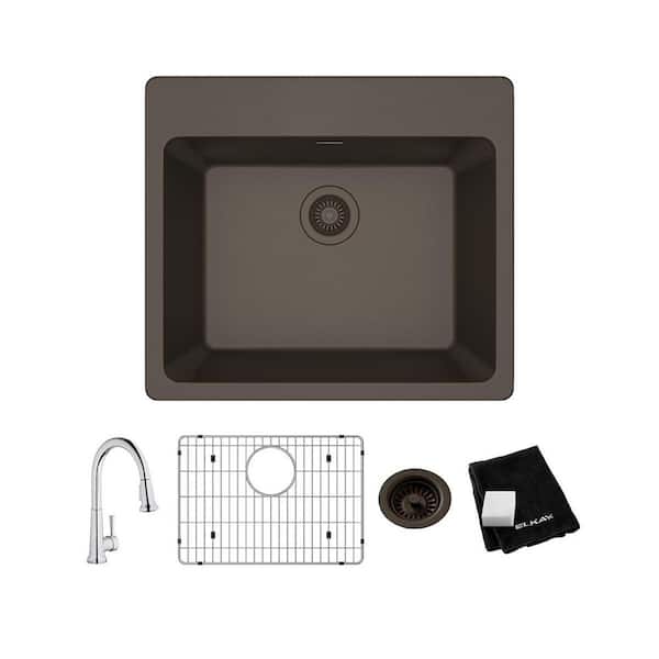 Elkay Quartz Classic Mocha Quartz 25 in. Single Bowl Drop-In Kitchen Sink with Faucet, Bottom Grid and Drain