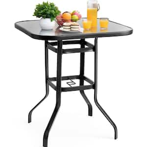 31.5 in. Square Metal Bar Height Table Outdoor Dining Table with Umbrella Hole
