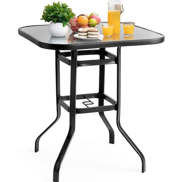 Sizzim 31.5 in. Square Metal Bar Height Table Outdoor Dining Table with Umbrella Hole
