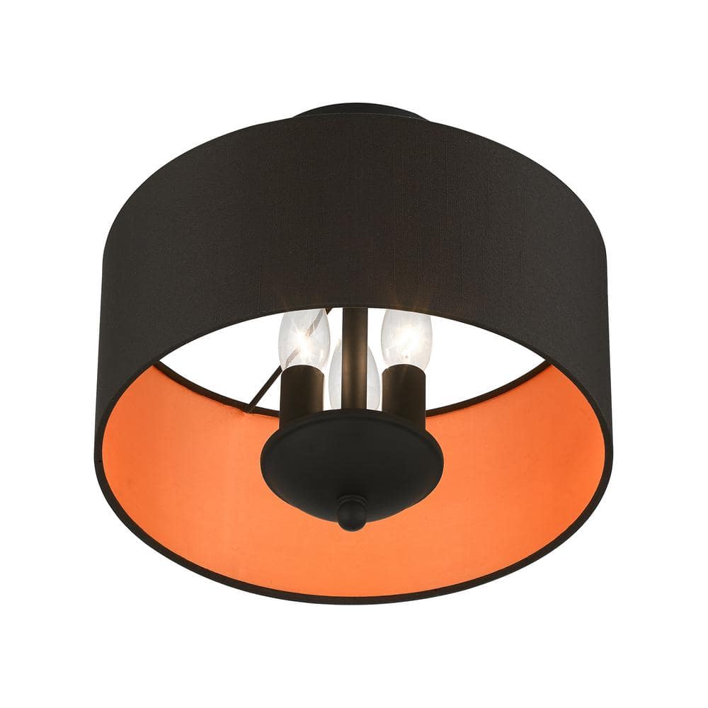Bradley 12" Black Glass Drum Semi-Flush Mount with Silky Inner Shade